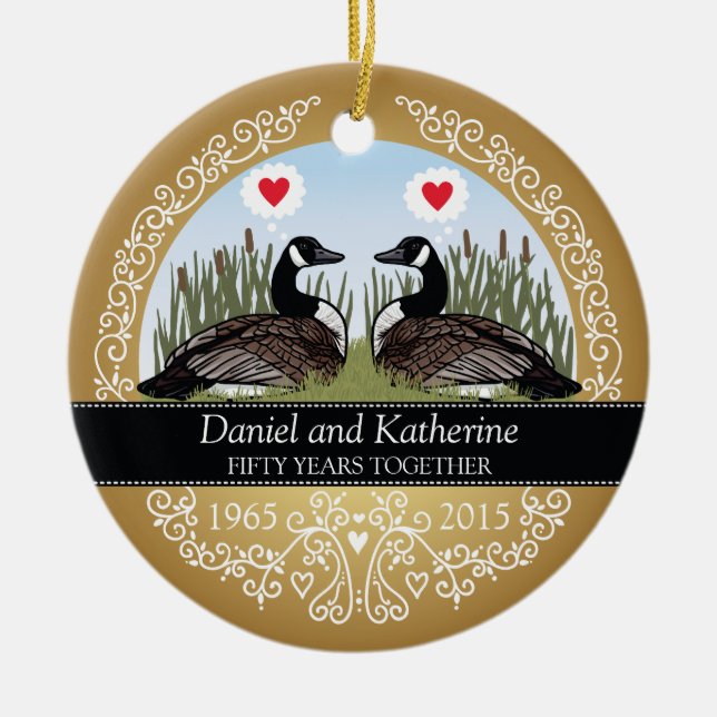 Personalisierter 50. Hochzeits-Jahrestag, Gänse Keramikornament (Vorne)