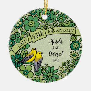 Personalisierter 55. Jahrestags-Smaragdblumenvögel Keramik Ornament