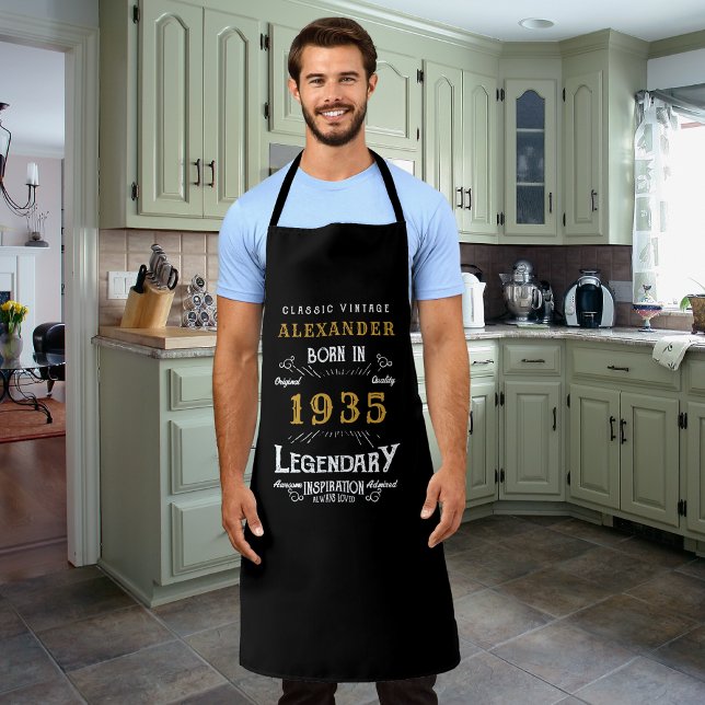 Personalisierter 90. Geburtstag Geboren 1935 Vinta Schürze (Long Black Apron for those born in 1935)