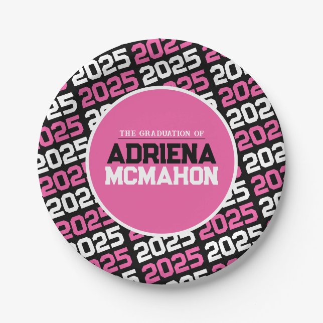 Personalisierter Abschluss in Rosa und Schwarz Pappteller (Vorderseite)