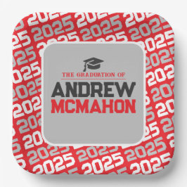 Personalisierter Abschluss in Rot und Silbergrau Pappteller