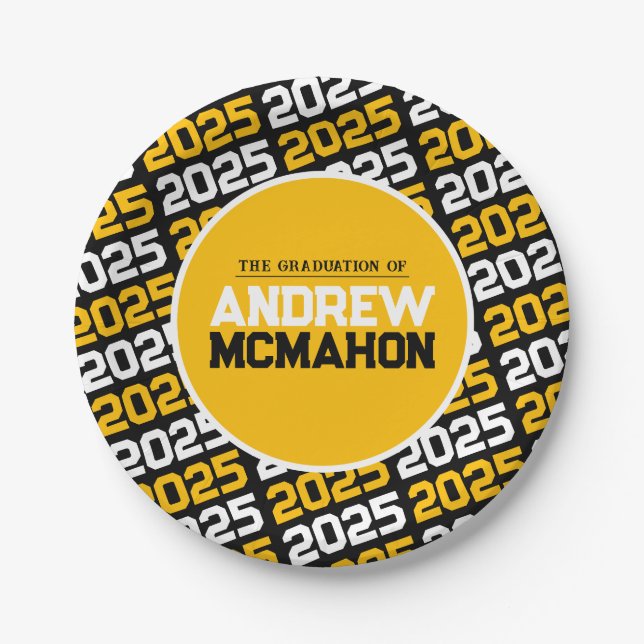 Personalisierter Abschluss in Schwarz und Gelb Pappteller (Vorderseite)