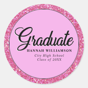 Personalisierter Abschluss von Hot Pink Glitzer Runder Aufkleber