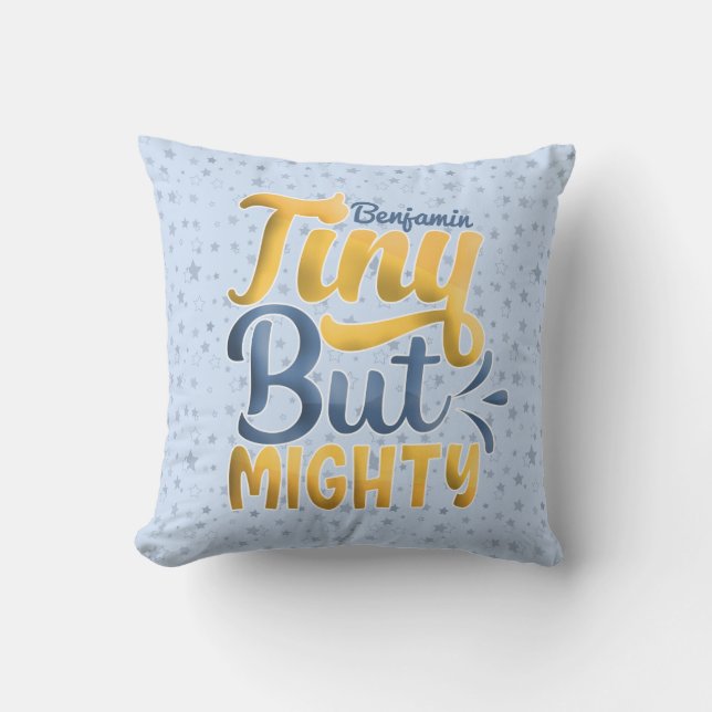 Personalisierter ADD-NAME Tiny, aber Mighty Yellow Kissen (Vorderseite)