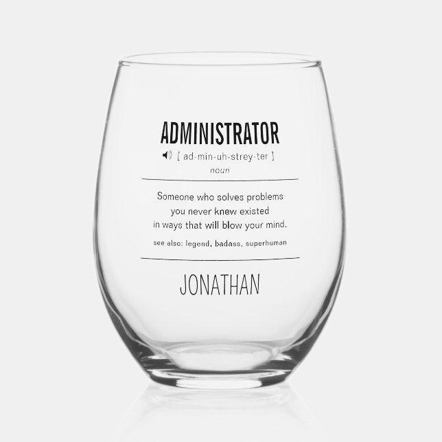 Personalisierter Administrator Funny Weinglas Ohne Stiel (Vorderseite)