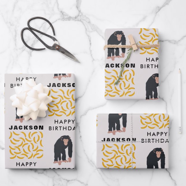 Personalisierter Affe Schimpanse & Banana Geburtst Geschenkpapier Set (Vorderseite)