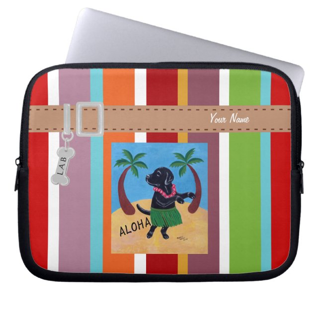 Personalisierter Aloha schwarzer Labrador-Streifen Laptopschutzhülle (Vorderseite)