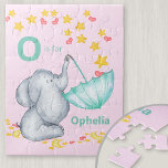 Personalisierter Alphabet Name Niedlich Elefantenm<br><div class="desc">Niedliches Elefant-Puzzle für Ihr kleines Mädchen mit einem eigenen Alphabet-Namen. Die Vorlage ist für Sie Set, um Ihren Namen und Initial, die in fett formatiert ist hinzuzufügen. Das Design hat einen niedlichen Elefanten, der in einem Regenschirm Stars und Liebe-Herzen fängt. Es hat eine graue und aquamarine Farbpalette auf einem hellrosa...</div>