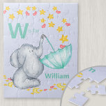 Personalisierter Alphabet Name Niedliche Elefanten<br><div class="desc">Niedliches Elefant-Puzzle für Ihren kleinen Jungen mit einem eigenen Alphabet. Die Vorlage ist für Sie Set, um Ihren Namen und Initial, die in fett formatiert ist hinzuzufügen. Das Design hat einen niedlichen Elefanten, der in einem Regenschirm Stars und Liebe-Herzen fängt. Es hat eine graue und aquamarine Farbpalette auf einem hellblauen...</div>