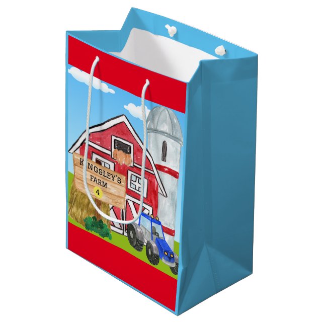 Personalisierter alter MacDonald's Farm Blue Trakt Mittlere Geschenktüte (Vorderseite Schrägansicht)