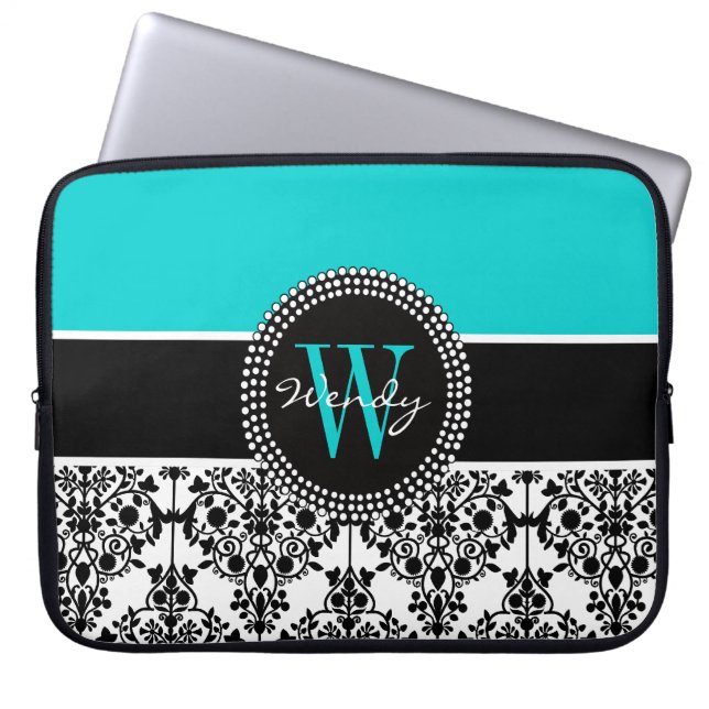 Personalisierter Anfangsaqua-Schwarz-Damast Laptopschutzhülle (Vorderseite)