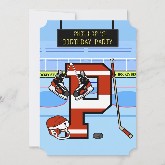 Personalisierter Anfangsbrief P Ice Hockey Einladung (Vorderseite)
