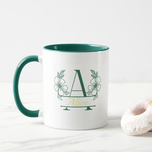 Personalisierter Anfangsbuchstabe Blumenmonogramm- Tasse (Mit Donut)