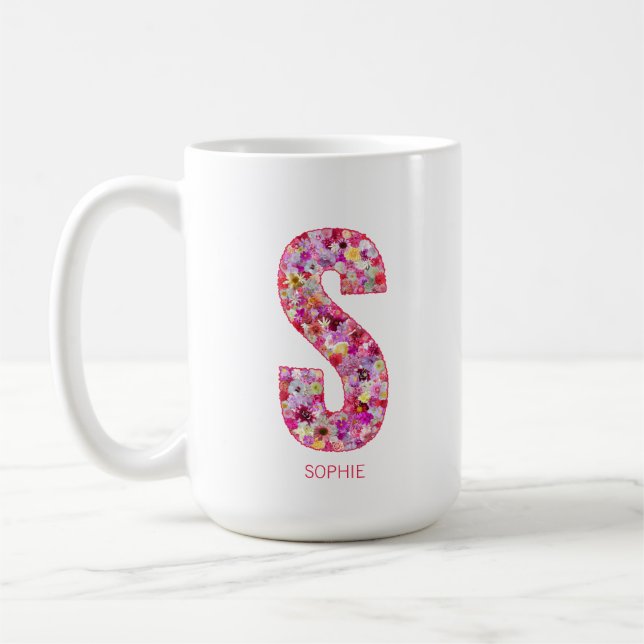 Personalisierter Anfangsbuchstabe | Floraler Buchs Kaffeetasse (Links)