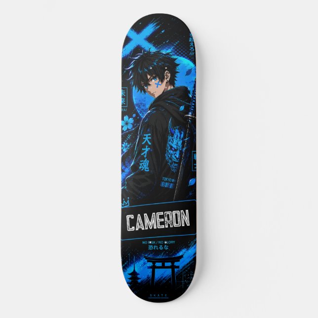 Personalisierter Anime Schwarzer Cyan Samurai Skateboard (Vorderseite)