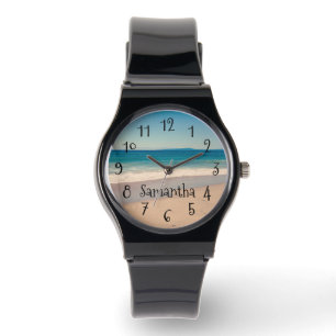 Personalisierter Aqua Beach Foto Schwarzer Text Armbanduhr