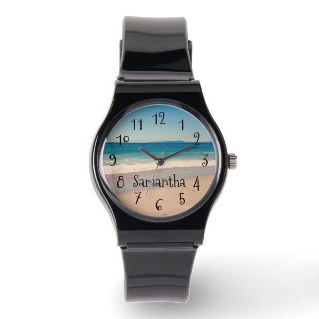 Personalisierter Aqua Beach Foto Schwarzer Text Armbanduhr (Vorderseite)
