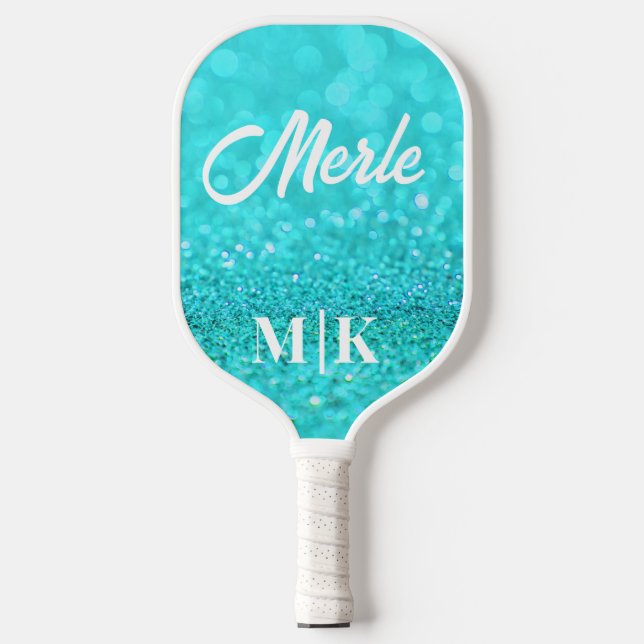 Personalisierter Aqua-Glitzer Mit Monogramm Pickleball Schläger (Vorderseite)