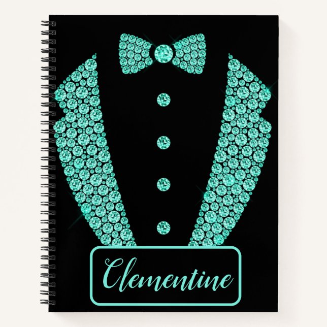 Personalisierter Aquamariner Black Glitzer Tuxedo  Notizbuch (Vorderseite)