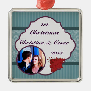 Personalisierter Aquamariner blauer Damast/Streife Silbernes Ornament