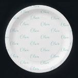 Personalisierter Aquamariner Blue Green Girly Eleg Pappteller<br><div class="desc">Hübsches aquamarin blaues Grün auf weißem Mädchen personalisierte Party Papier Teller. Ideal für eine pastellfarbene,  aquamarin blaugrüne Geburtstagsfeier.</div>