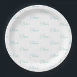 Personalisierter Aquamariner Blue Green Girly Eleg Pappteller<br><div class="desc">Hübsches aquamarin blaues Grün auf weißem Mädchen personalisierte Party Papier Teller. Ideal für eine pastellfarbene,  aquamarin blaugrüne Geburtstagsfeier.</div>
