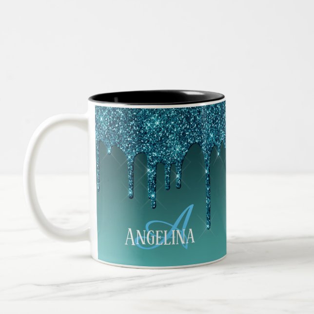 Personalisierter Aquamariner Glitzer Zweifarbige Tasse (Links)