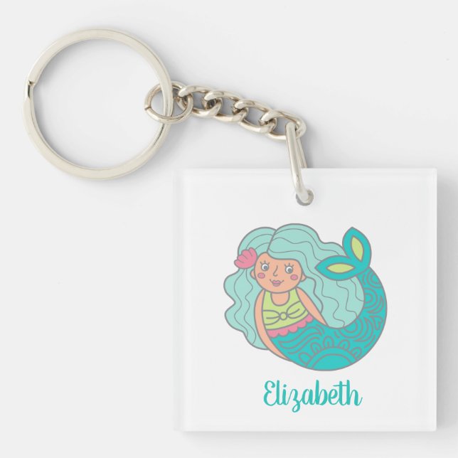 Personalisierter Aquamariner Niedlicher Mermaid-Sc Schlüsselanhänger (Vorderseite)