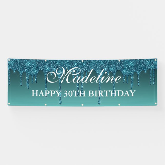 Personalisierter Aquamariner Tropf Glitzer Geburts Banner (Horizontal)