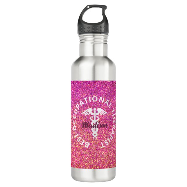 Personalisierter Arbeitstherapeut Rosa Glitzer Edelstahlflasche (Vorderseite)