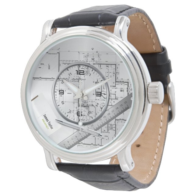 personalisierter Architekt plant Lederuhr Armbanduhr (Schrägansicht)