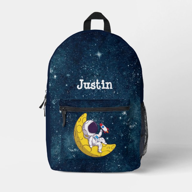 Personalisierter Astronaut auf dem Mond mit Rakete Bedruckter Rucksack (Vorderseite)