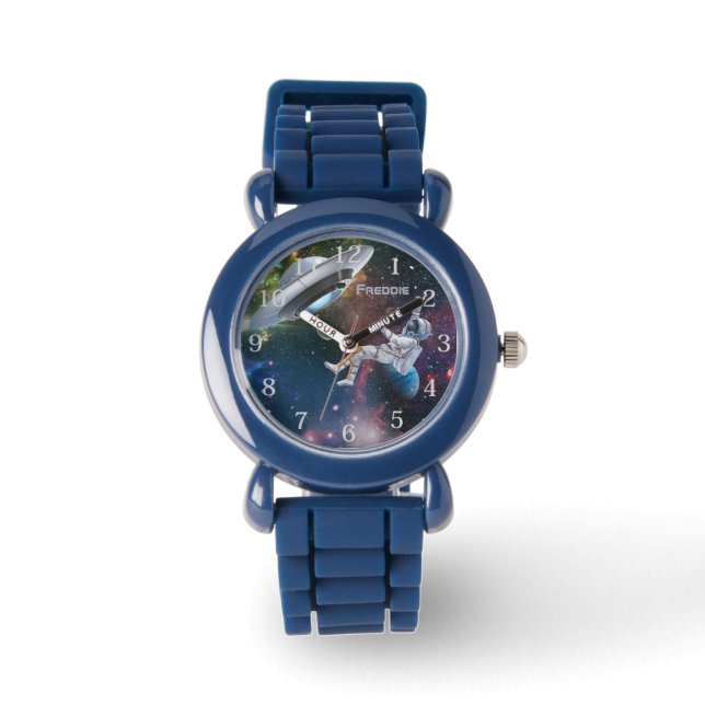 Personalisierter Astronaut und fliegender Saucer Armbanduhr (Vorderseite)