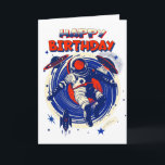 Personalisierter Astronaut zum Geburtstag Karte<br><div class="desc">Der Astronaut schwebt durch den Raum,  umgeben von UFOs,  Sternen und Raketen. Ich hoffe,  dein Geburtstag ist aus dieser Welt. Fügen Sie einen Namen in den personalize-Bereich ein.</div>