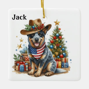 Personalisierter Australian Cattle Dog mit USA-Fla Keramikornament