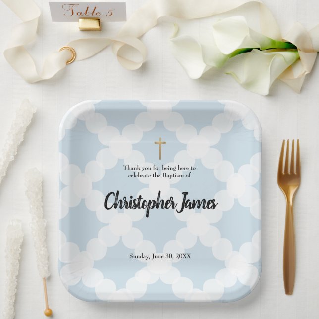 Personalisierter Baby Boy Blue Baptisc & gold cros Pappteller (Hochzeit)