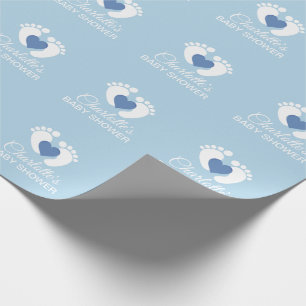 Personalisierter BABY-DUSCHE blauer Fuß-Herz JUNG Geschenkpapier