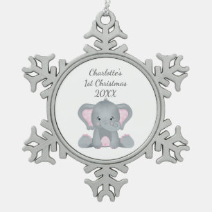 Personalisierter Baby-Elefant Rosa Baby 1. Weihnac Schneeflocken Zinn-Ornament