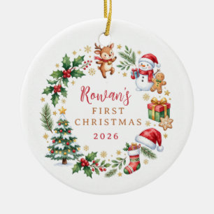 Personalisierter Baby-Erstweihnachten 2026 Kranz Keramik Ornament