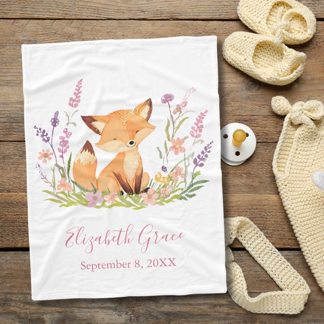 Personalisierter Baby Fox Wildblumen Pink Baby Fleecedecke (Personalized Baby Fox Birth Stats Baby Blanket Baby Girl, Baby Shower gift, new baby gift )