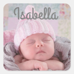 Personalisierter Baby-Name und Foto Quadratischer Aufkleber
