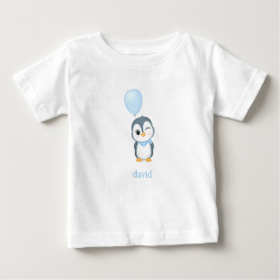 Personalisierter Baby Pinguin mit blauem Ballon Baby T-shirt