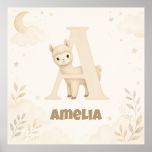 Personalisierter Babyname Alpaka Buchstabe A Poster