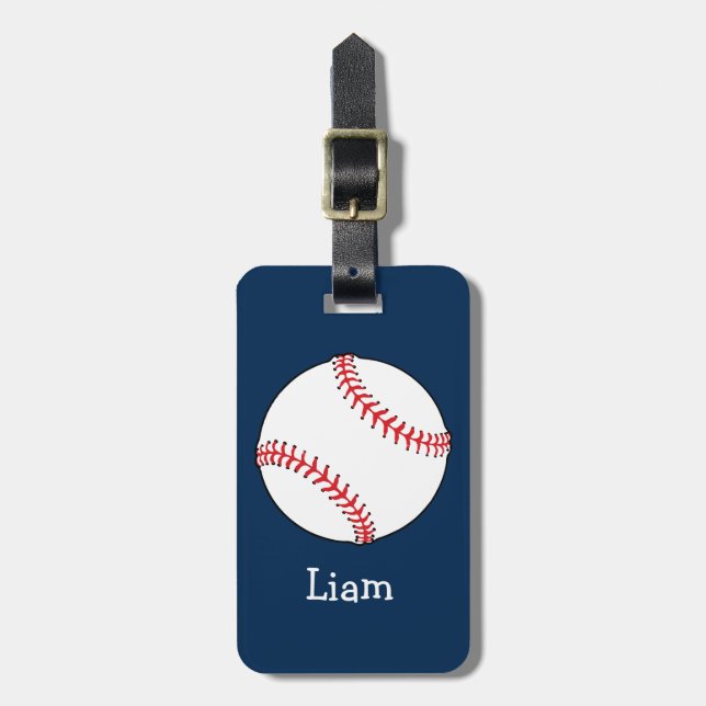 Personalisierter Baseball auf Blue Kids Boys Gepäckanhänger (Vorderseite vertikal)