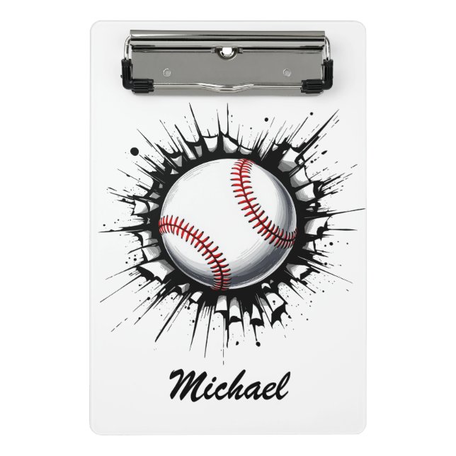 Personalisierter Baseball-Ball bricht durch die Ma Mini Klemmbrett (Vorderseite)