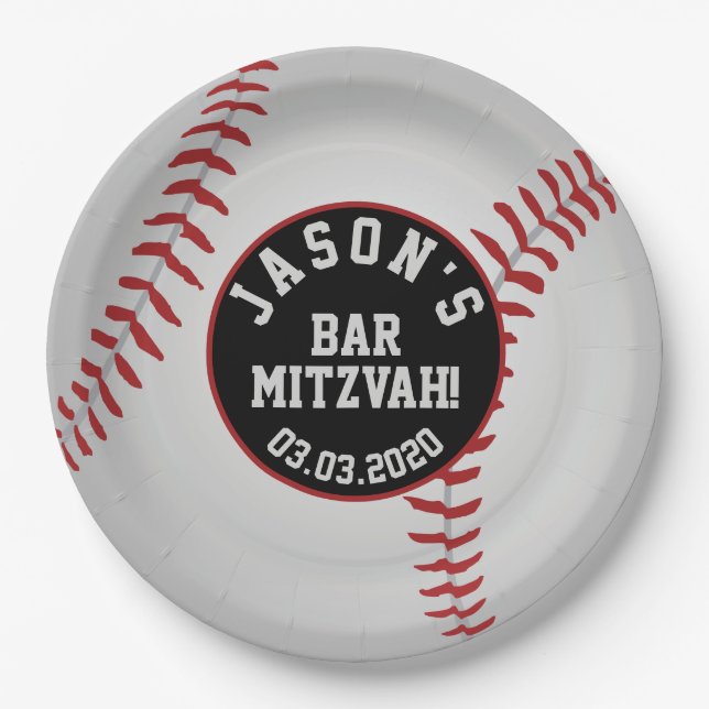 Personalisierter Baseball Bar Mitzvah Rot Schwarz- Pappteller (Vorderseite)