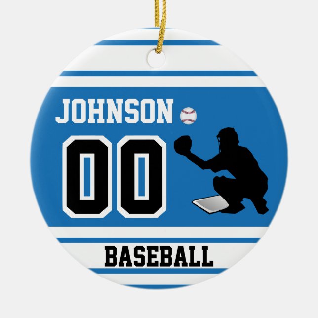 Personalisierter Baseballfänger | Blau und Weiß Keramik Ornament (Vorne)