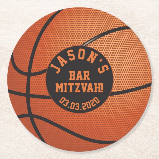 Personalisierter Basketball Bar Mitzvah Orange Sch Runder Pappuntersetzer (Vorderseite)