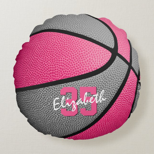 personalisierter Basketball-Basketball in Rosa Rundes Kissen (Vorderseite)