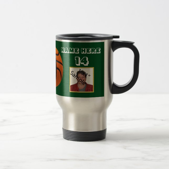 Personalisierter Basketball-Foto für Weißtext Tumb Reisebecher (Rechts)